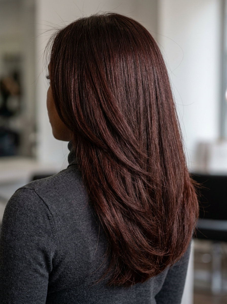 Cherry Chocolate Long Waves 2026 long flowing hair with cherry chocolate brunette, soft layers, no bangs — romantic & luxurious