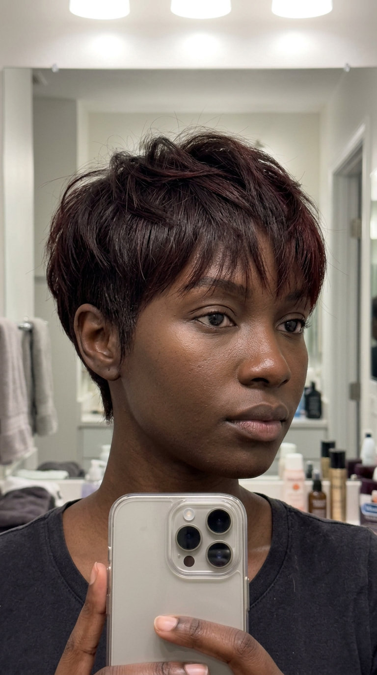 Cherry Chocolate Pixie 2026 short cherry chocolate pixie haircut with razored layers and wispy fringe for summer 2026