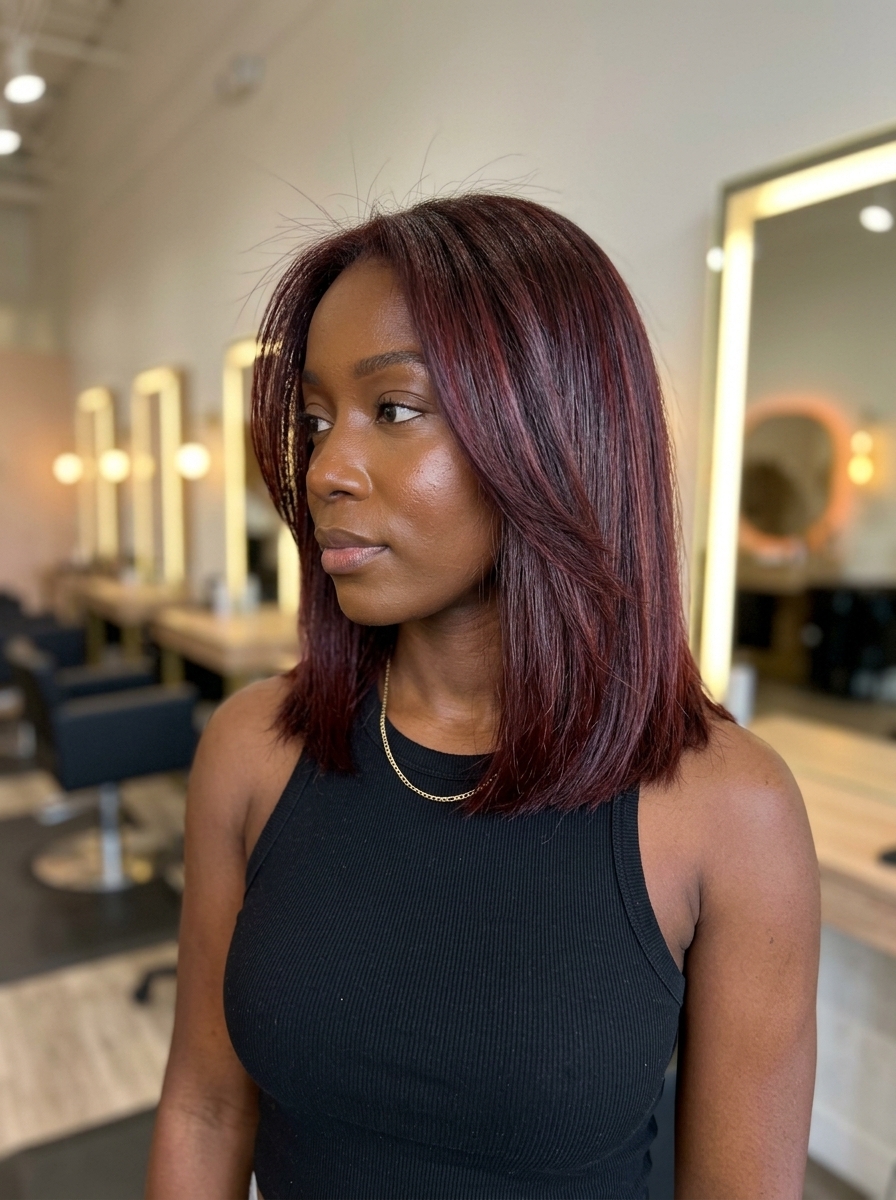 collarbone length bob haircut with cherry cola red-brown, blunt perimeter for summer