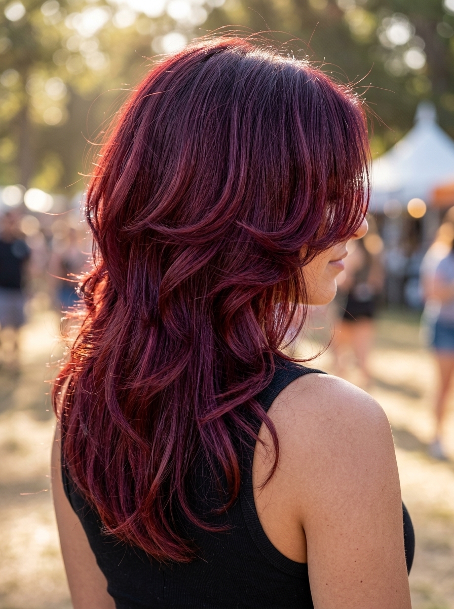 long cherry cola shag haircut with face-framing layers and feathered bangs for retro style