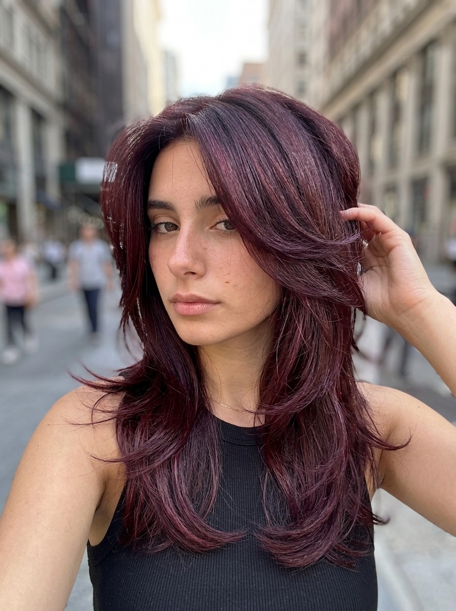long messy shag haircut with cherry cola, violet-red reflections, and face-framing layers for events