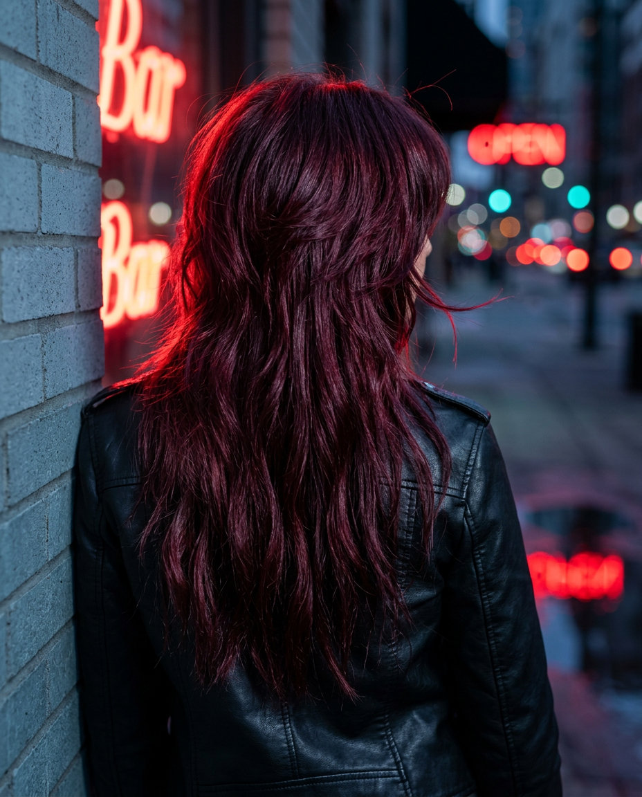 Cherry Cola Shaggy Wolf Cut 2026 long shaggy wolf cut with deep cherry cola, razored crown and wispy fringe for date night