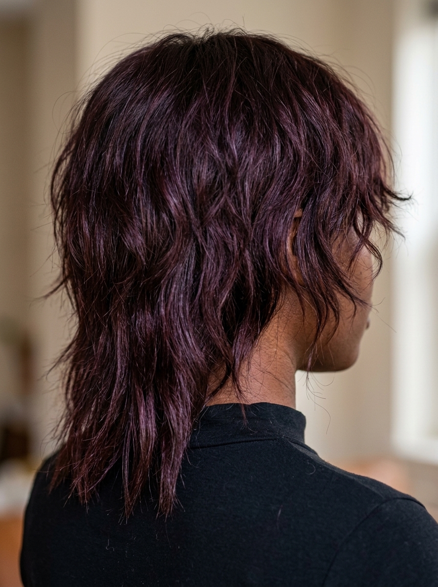 medium messy shag haircut with cherry cola color, disconnected layers, and wavy bangs for summer