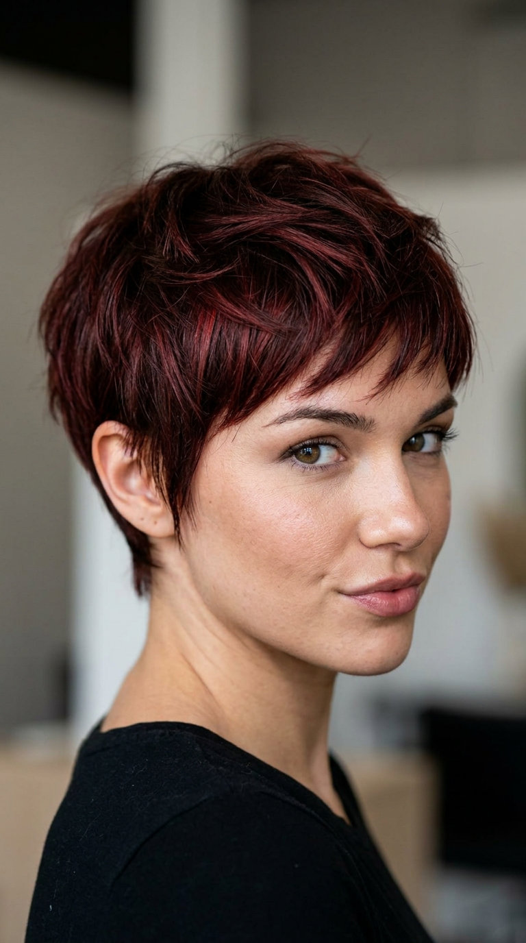 very short pixie haircut with cherry cola red color, micro-fringe for summer