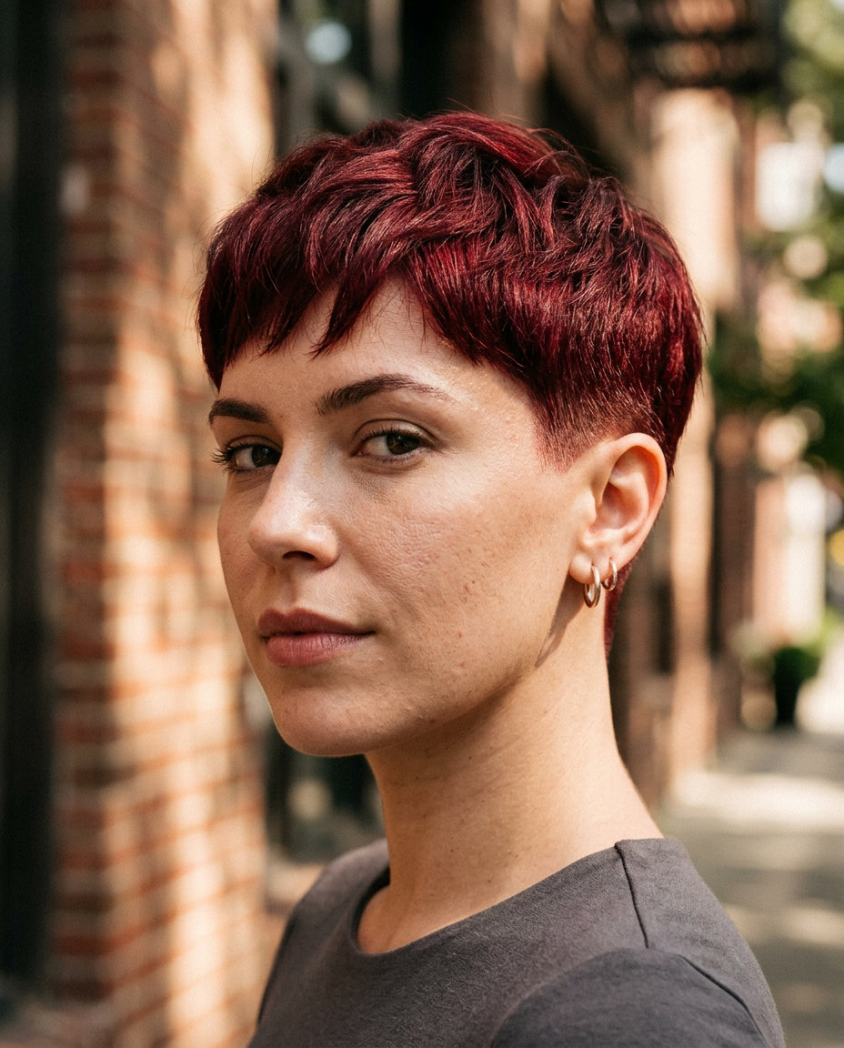 very short pixie haircut with cherry cola red color, tapered sides for summer