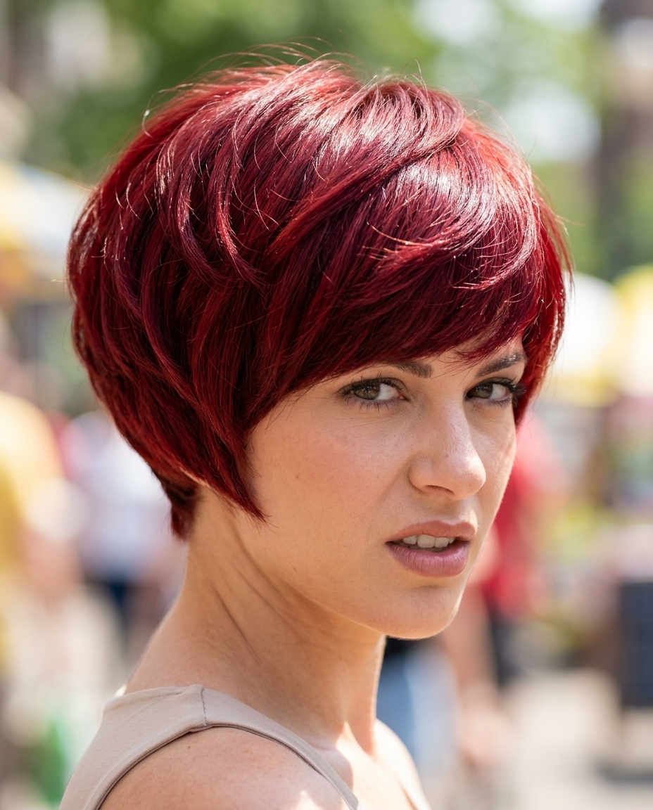 very short pixie haircut in deep cherry cola red with sculpted layers and tapered sides for date night