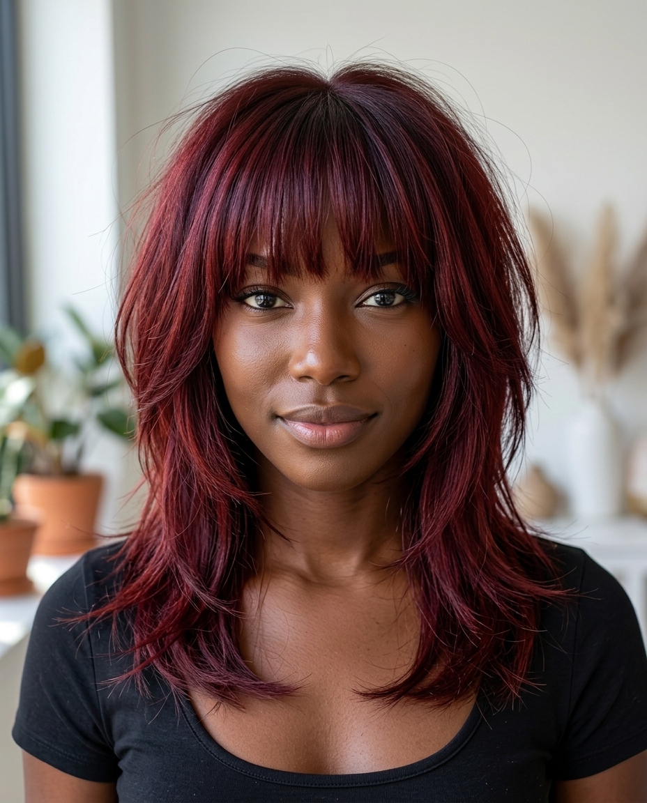 shoulder-length cherry cola shag with violet undertones, point-cut layers, blunt brow fringe — bold vibrant night out