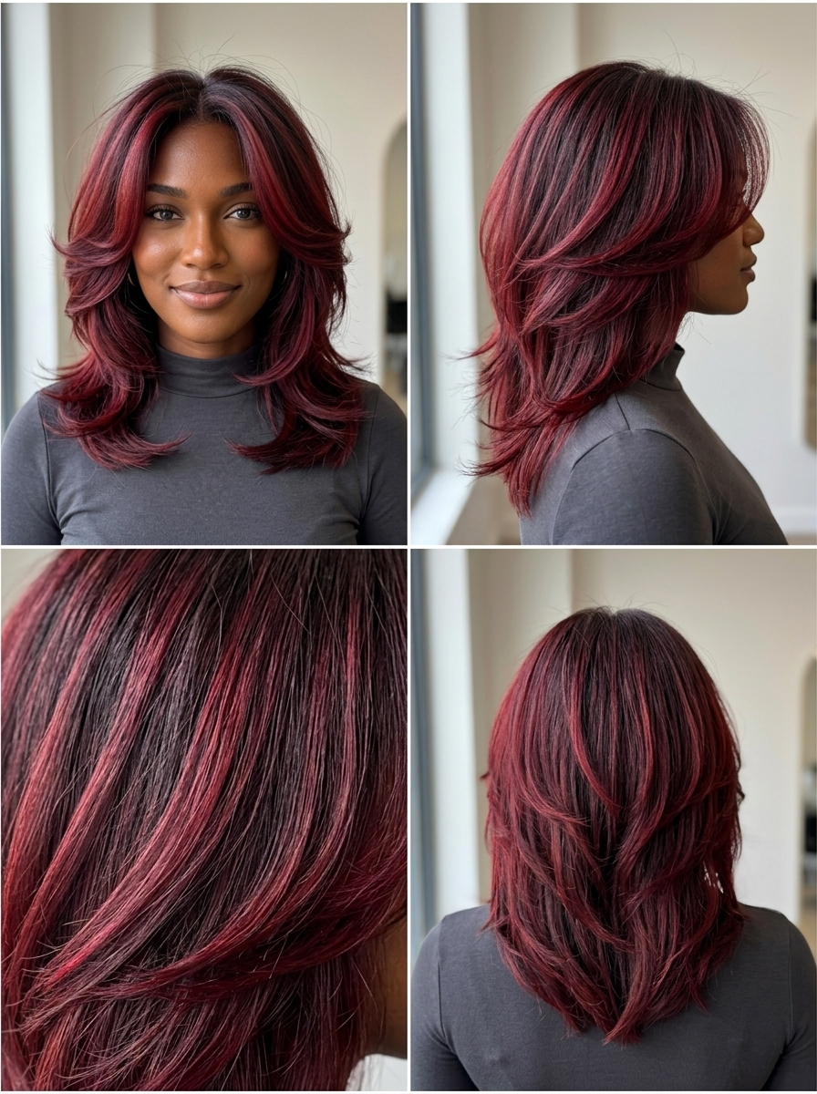 long shag haircut in deep cherry cola red with violet undertones and face-framing layers for summer