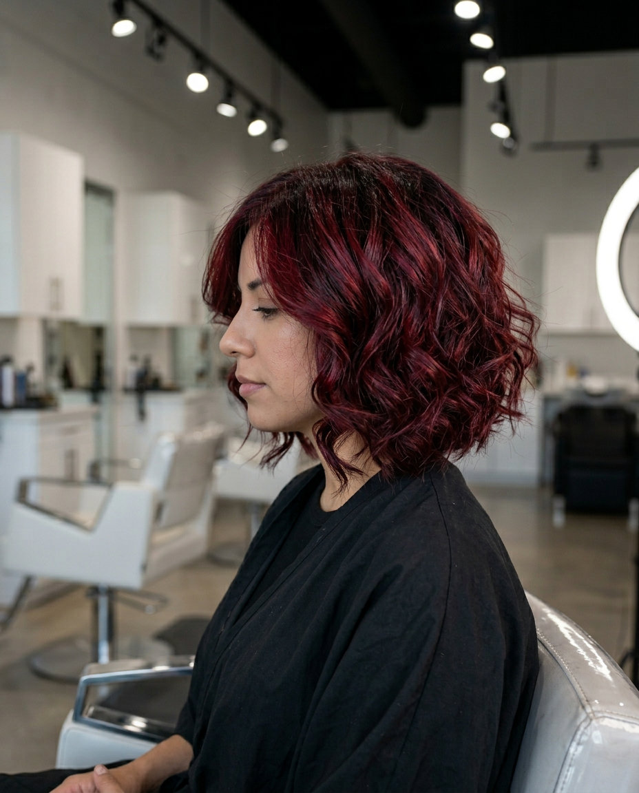short cherry cola red razor bob with black cherry lowlights and shattered ends for date night
