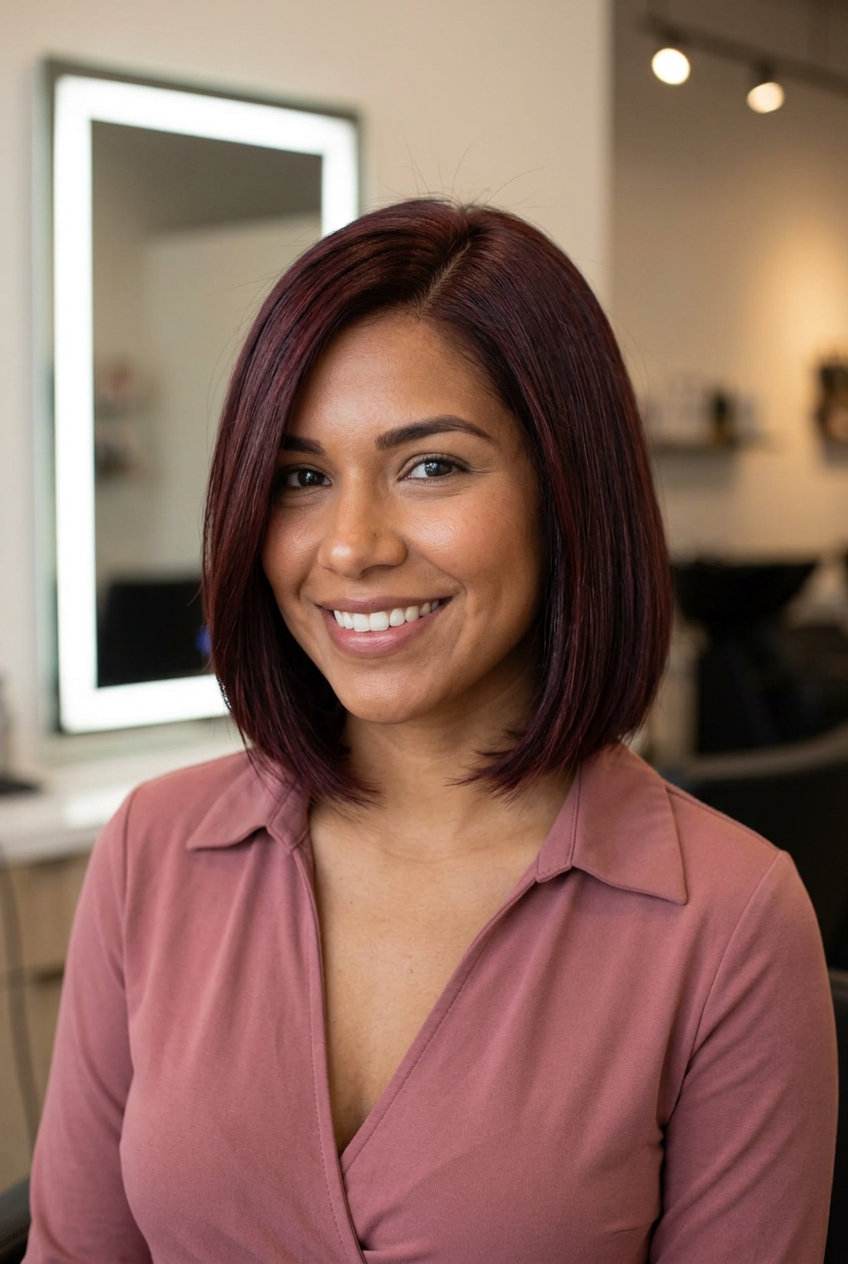 short cherry red razor bob with violet undertones and clear glaze for night out