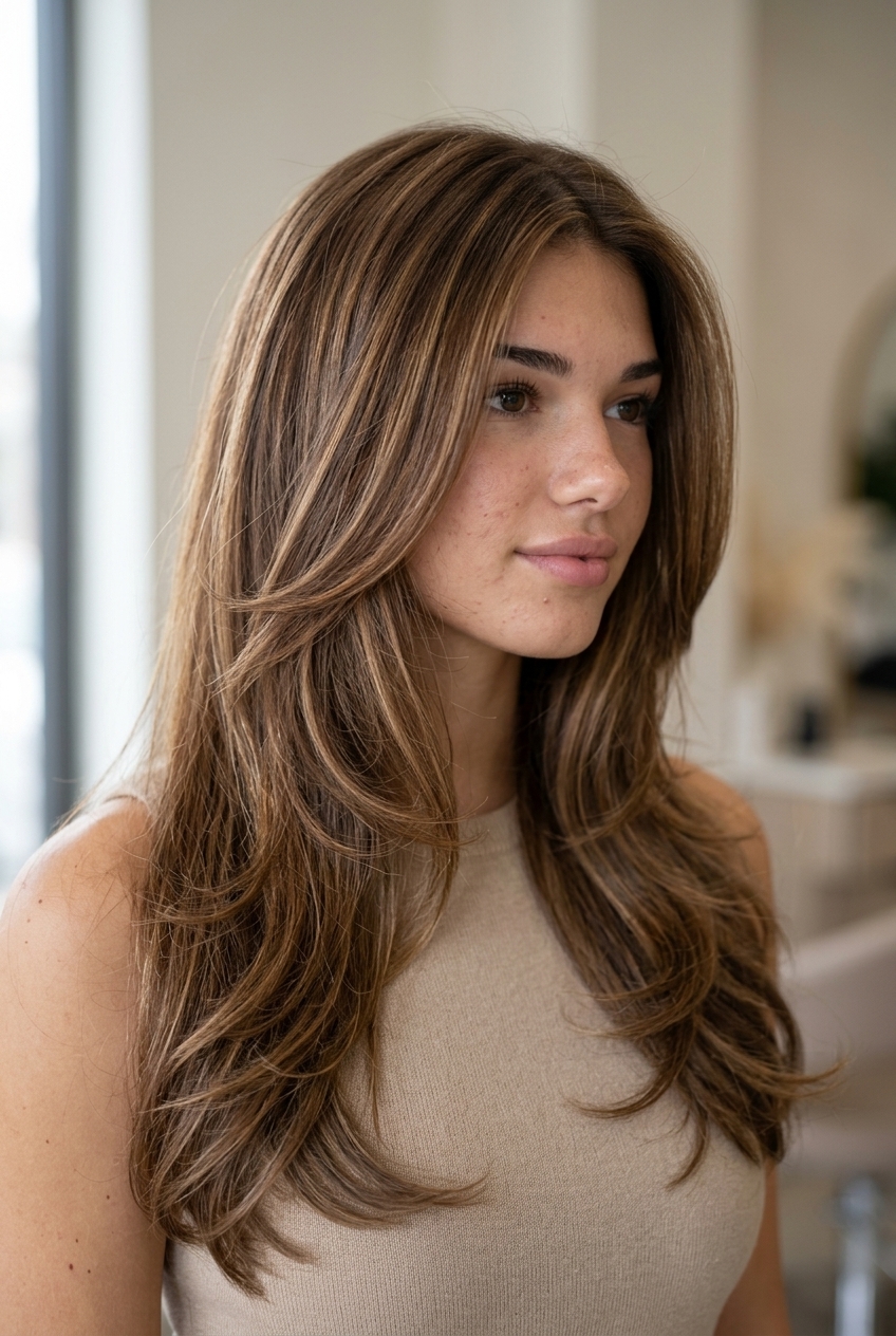 long layered warm chestnut brown hair with golden-honey babylights, soft balayage for romantic waves