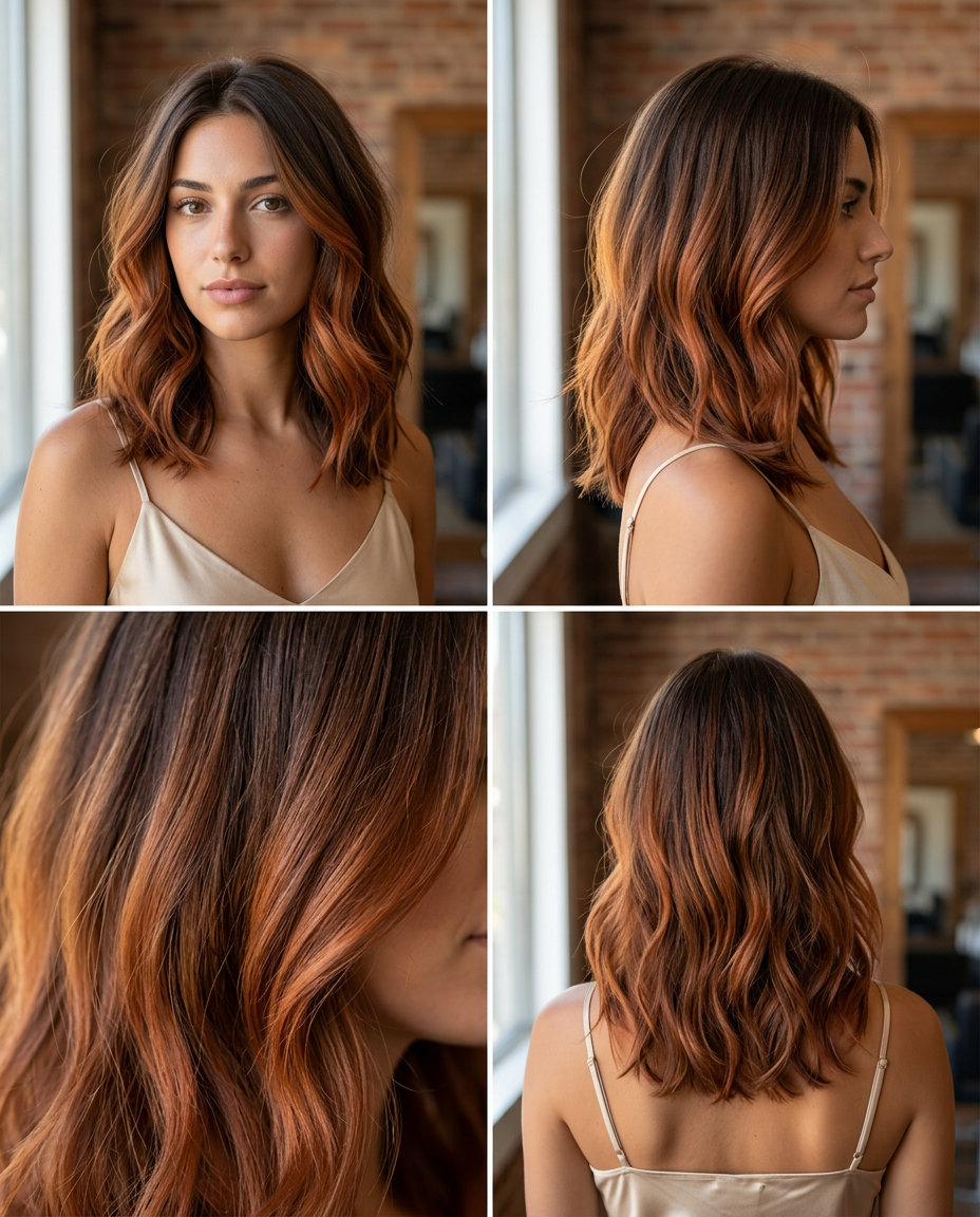 long textured layers in warm chocolate brown with terracotta melt, color melting technique — boho summer festival