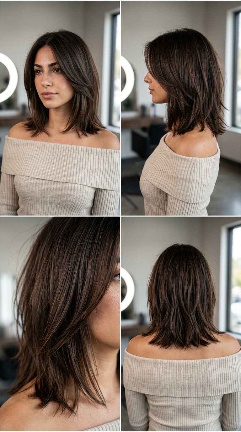 Urban Edge Chocolate Lob 2026 medium layered lob haircut with deep chocolate brown, choppy layers, no bangs — modern textured 2026