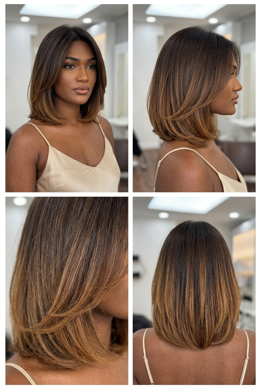 shoulder-grazing chocolate brown ombré bob with caramel ends, subtle layers — rich sophisticated