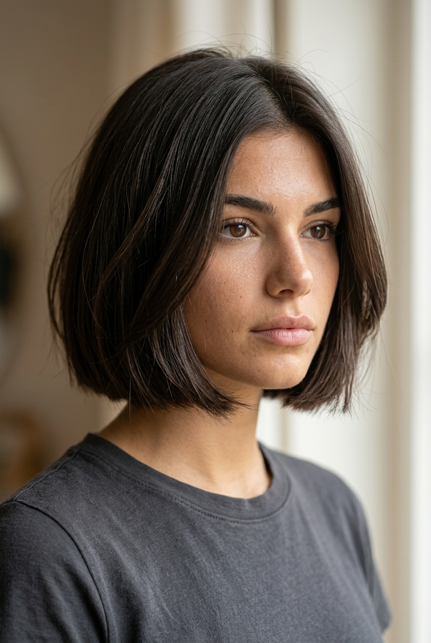 Deep Espresso Textured Bob 2026 short textured bob haircut with deep chocolate espresso color, high gloss finish, no bangs — polished office look