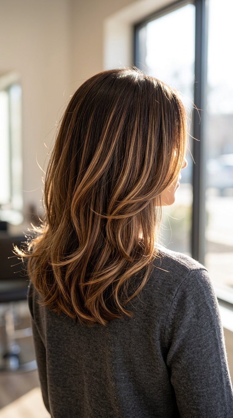 long chocolate brown hair with honey walnut balayage, caramel highlights, no fringe — luxurious summer shine