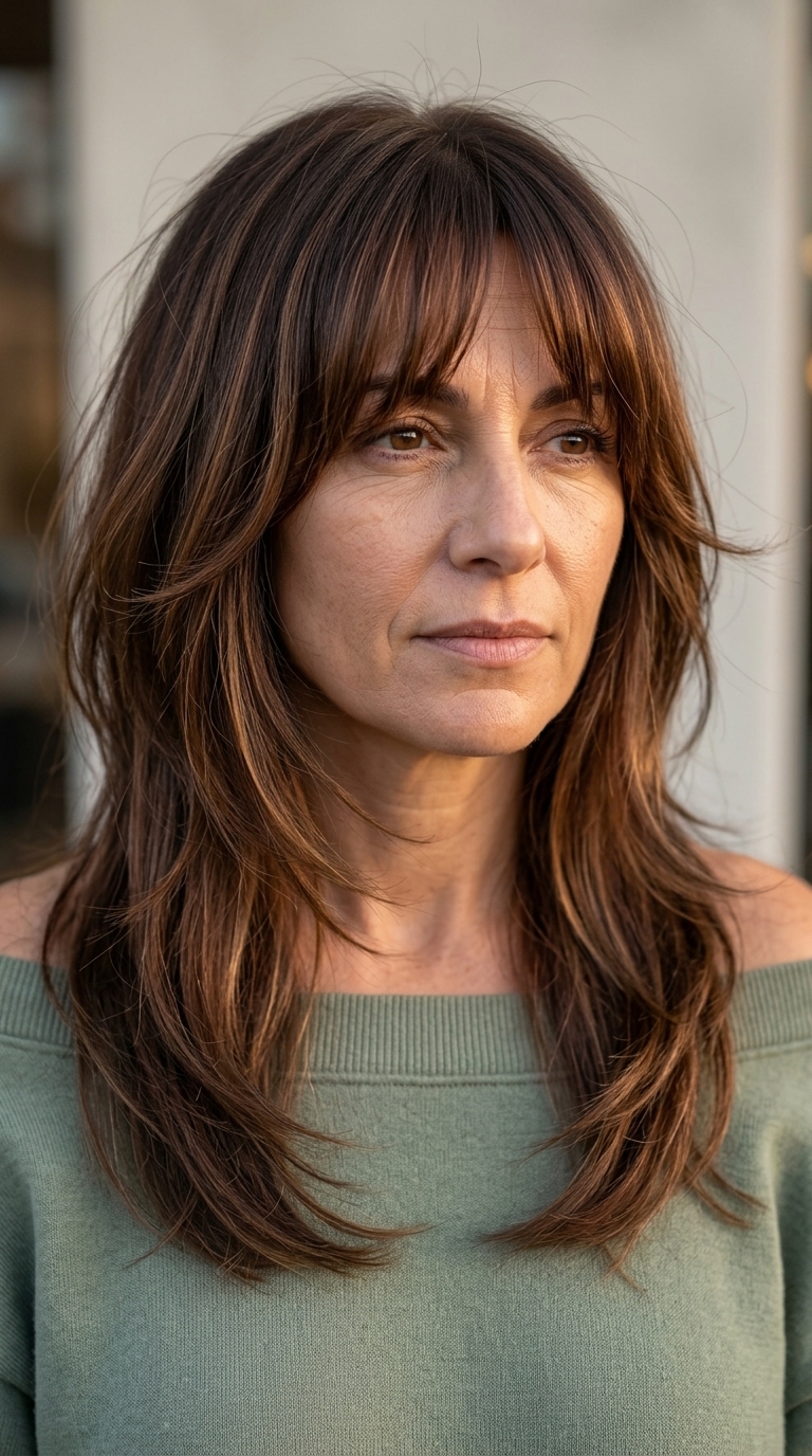 long layered haircut in warm chocolate with caramel ribbons and Birkin fringe for summer