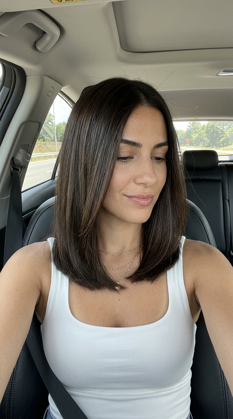 long layered deep chocolate brown hair with neutral midlights, clear gloss for liquid shine