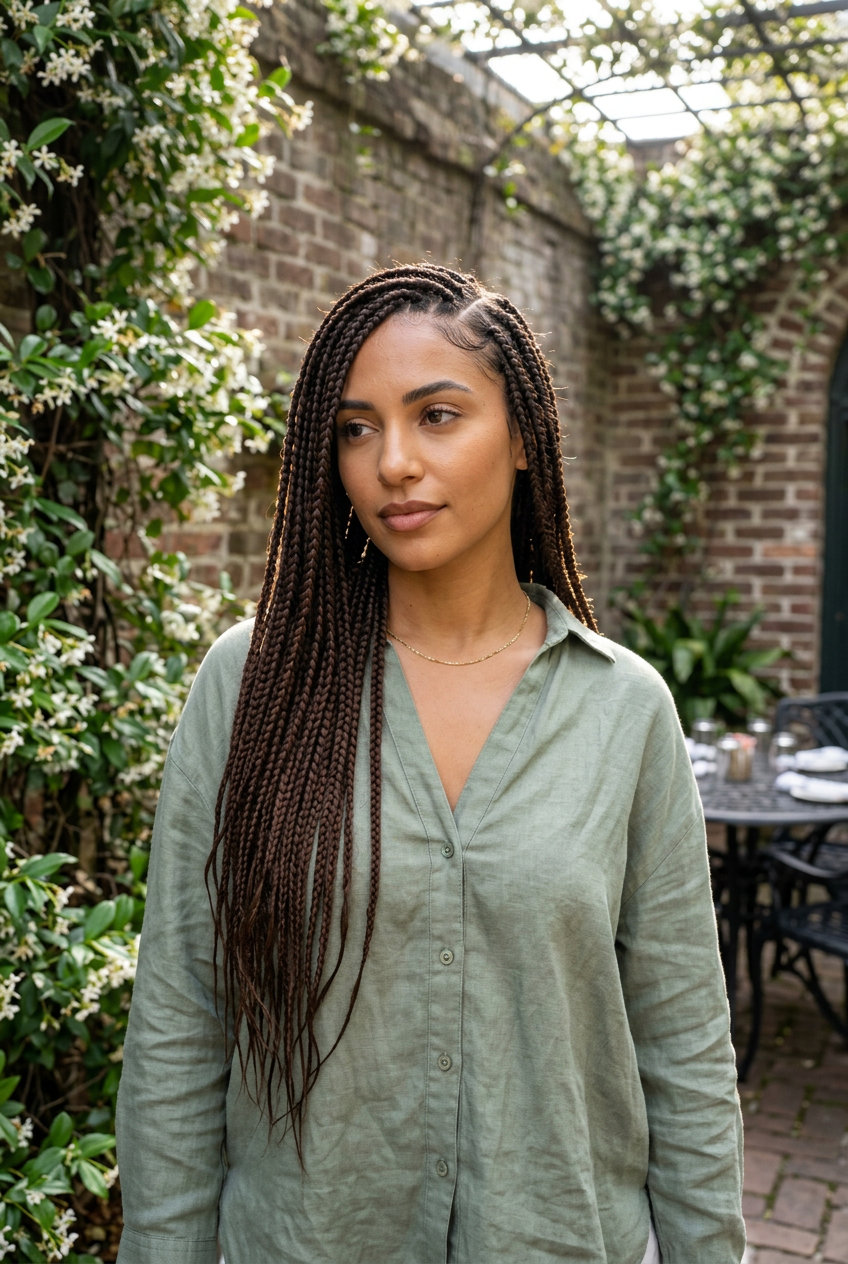 Summer Breeze Side-Sweep Braids 2026 medium knotless box braids with dark chocolate, swept to one side — cute summer braids hairstyle 2026