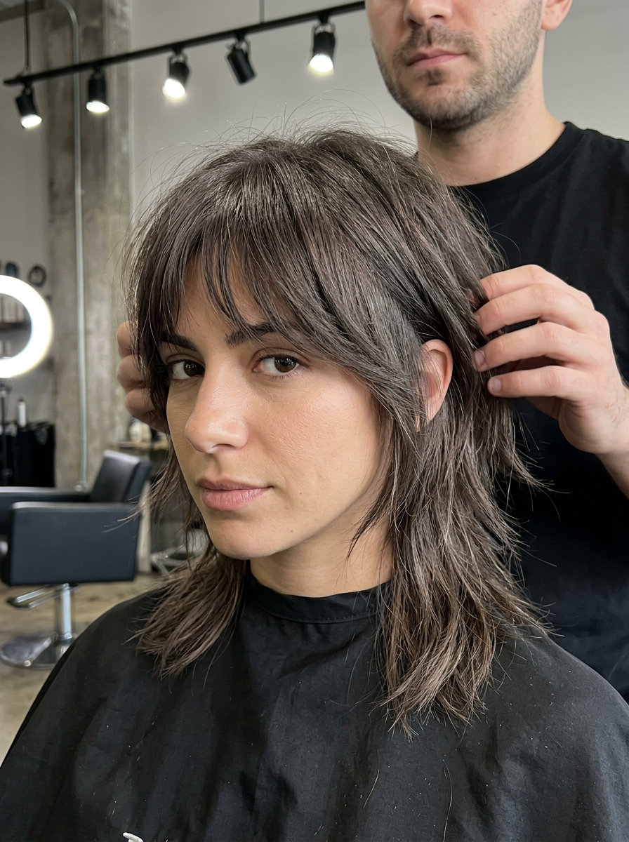 short shag mullet haircut in cool ash brunette with wispy fringe