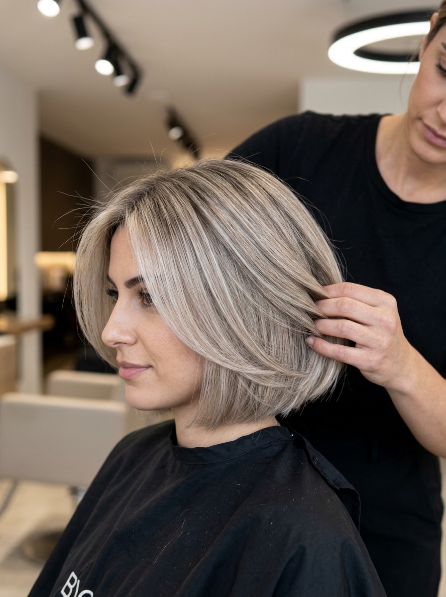short cool beige blonde layered bob with ash babylights, subtle root smudge — professional sophistication