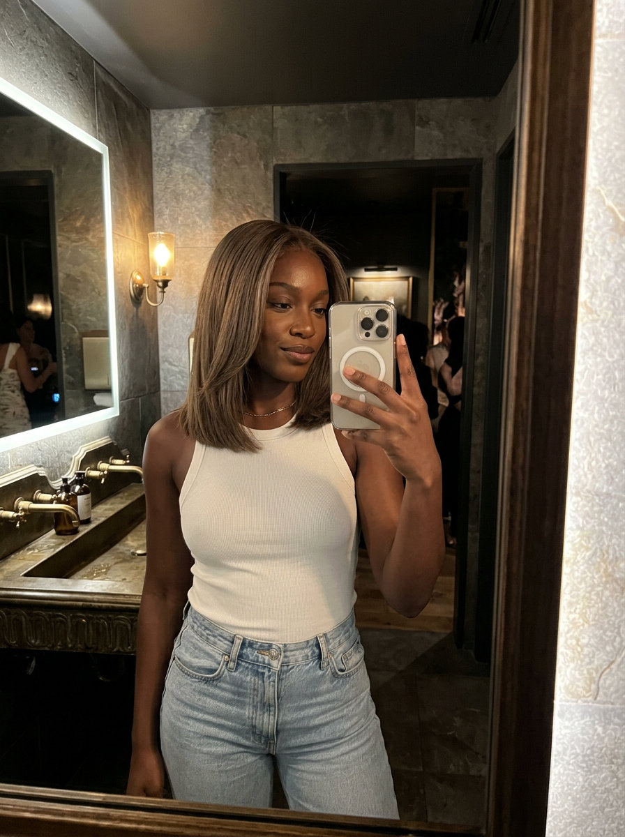 Invisible Movement Midi: Cool Bronde 2026 medium blunt haircut in cool bronde with invisible layers and minimal face-framing for daily wear