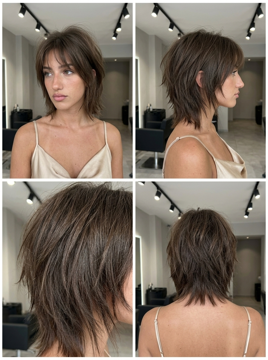 chin-length cool brown shag with ash undertones, razored disconnected layers, brow-skimming fringe — edgy grungy music festival