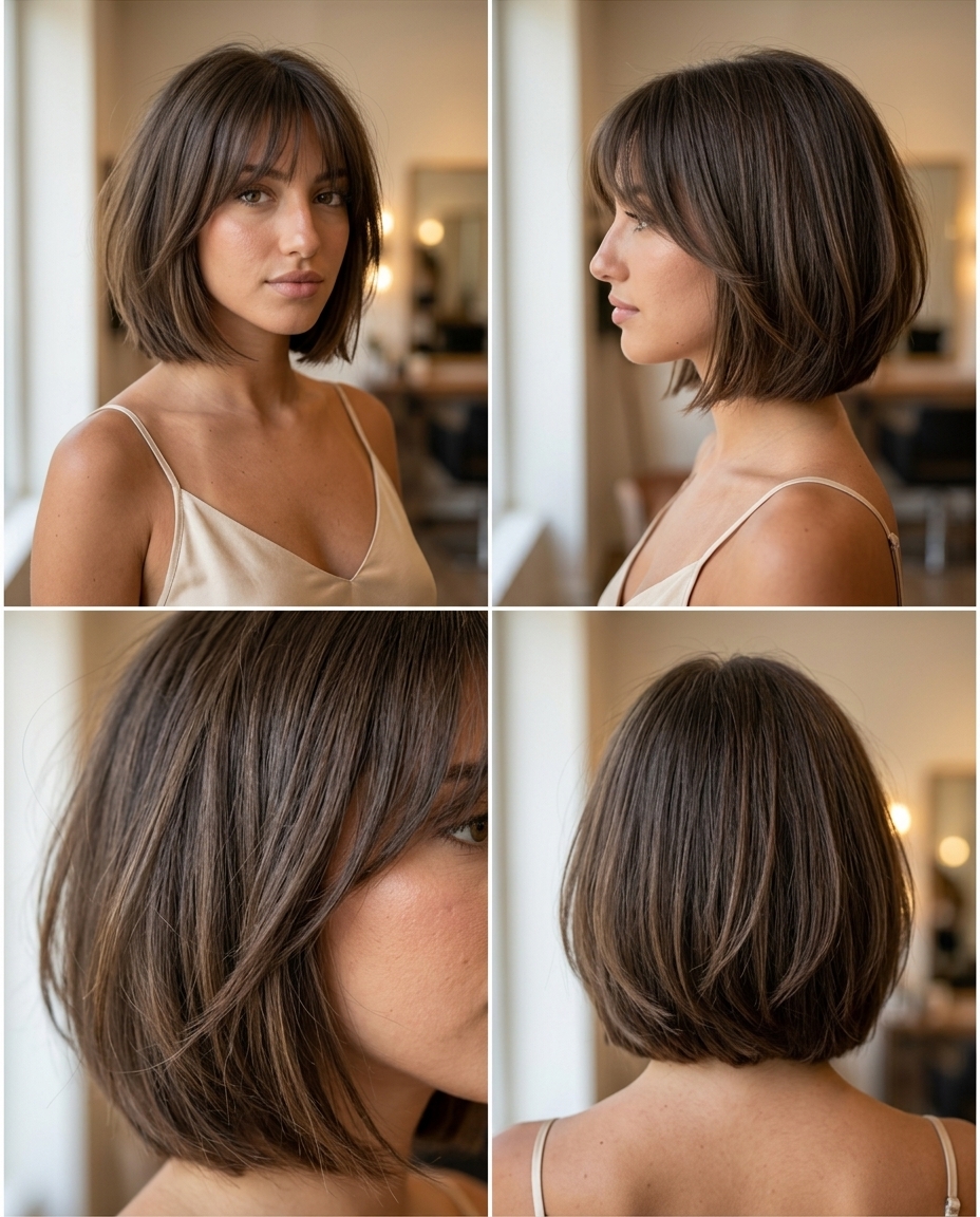 chin-length layered bob haircut in soft cool brunette with subtle amber lowlights for chic style