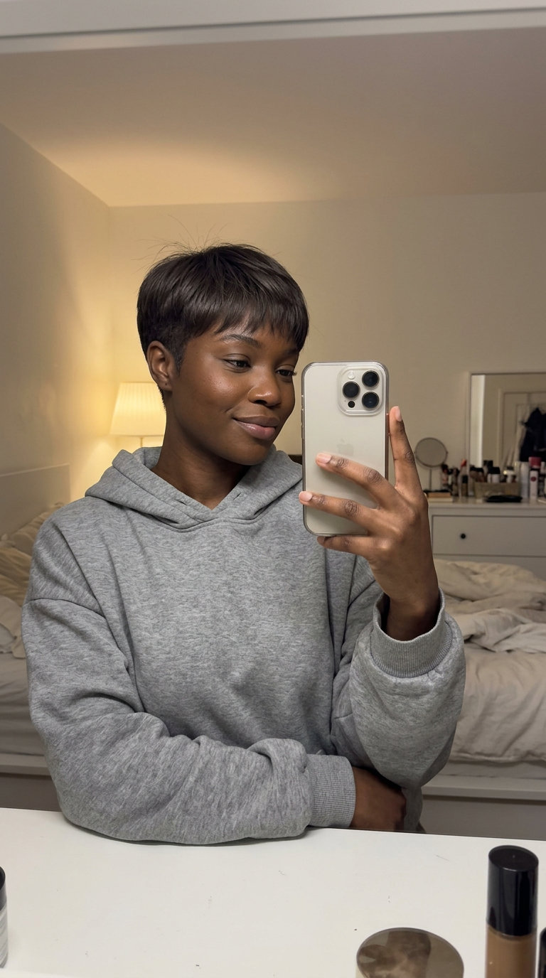 short gamine pixie haircut with rich cool brunette, tapered sides and micro-fringe for minimalist chic
