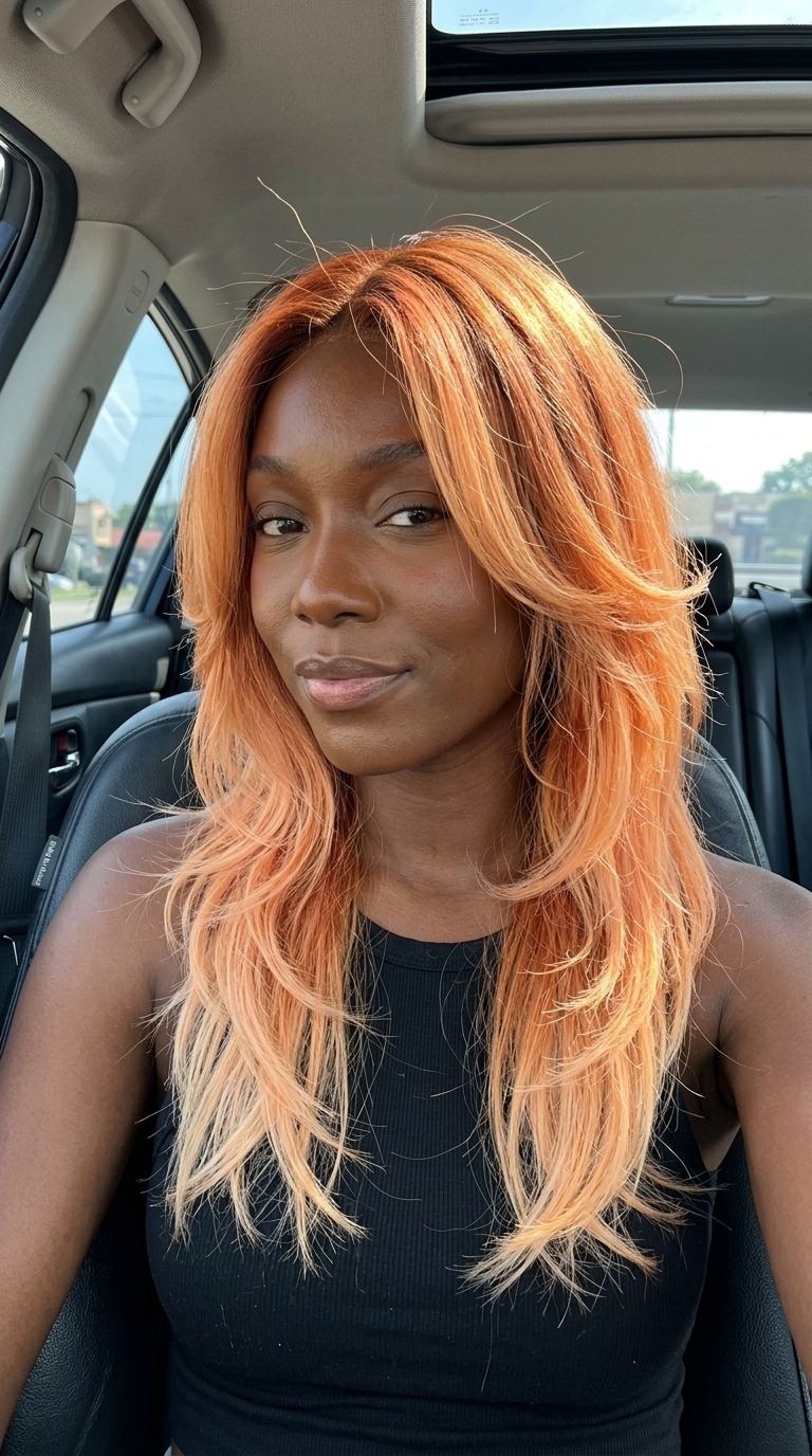 long shag haircut in copper apricot pale peach ombré with textured layers for summer