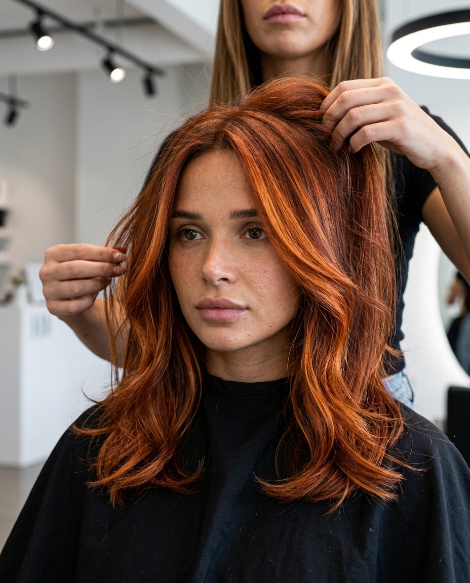 long auburn hair color with vibrant copper balayage, hand-painted ribbons for festival