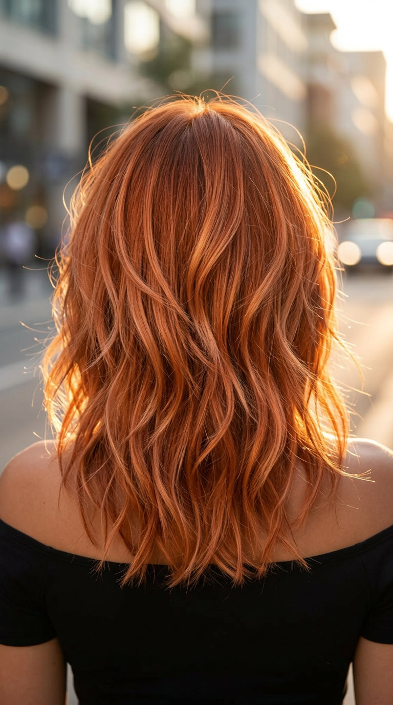 Fiery Copper Balayage Lob Haircut 2026 medium layered lob haircut with vibrant copper balayage, textured layers, and airy fringe for festivals