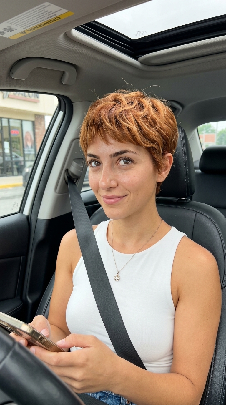 very short pixie haircut in copper balayage with golden blonde accents, layered cut with wispy fringe for beach vacation