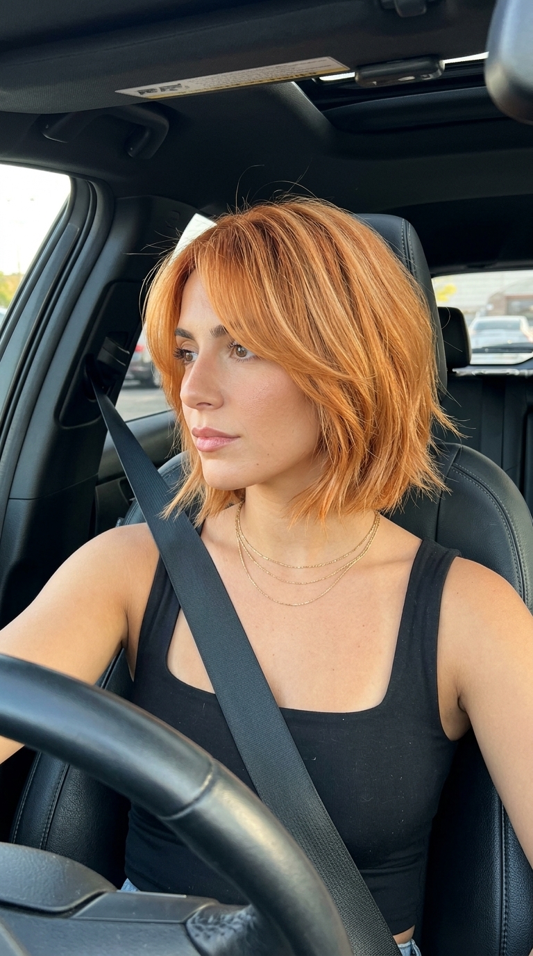 short copper blonde shag bob with apricot babylights, internal layering, cheekbone curtain fringe — playful date night
