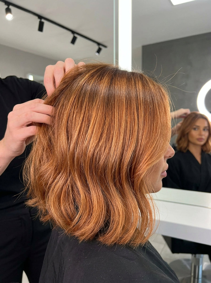 shoulder-length copper glaze bob with golden copper highlights and warm brown root for summer