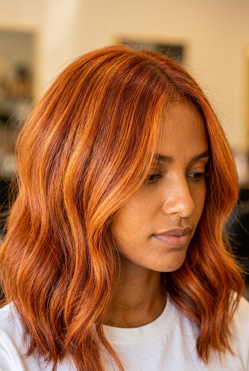 long textured razored layers with fiery sun-kissed copper balayage, freehand painted, no fringe — bold music festival look