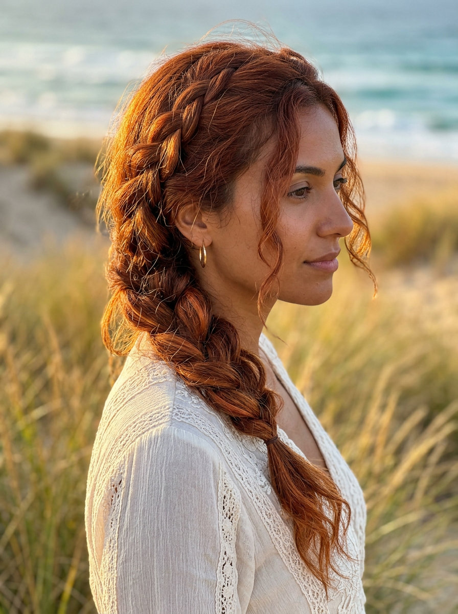 Bohemian Side Braid: Easy Summer Hairstyle 2026 long bohemian three-strand side braid with warm copper-red dimension, loose texture, face-framing tendrils — boho festival style