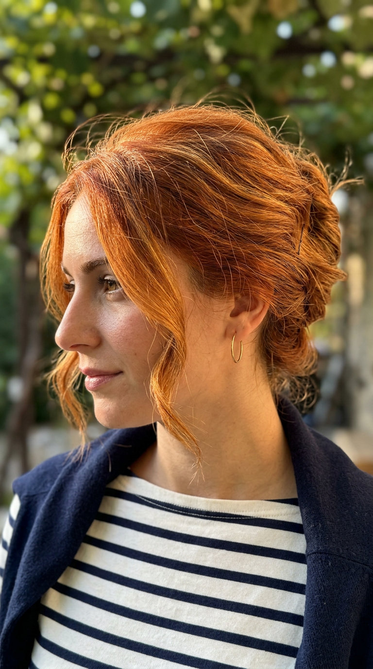 long copper-red french twist with golden highlights and messy texture for summer