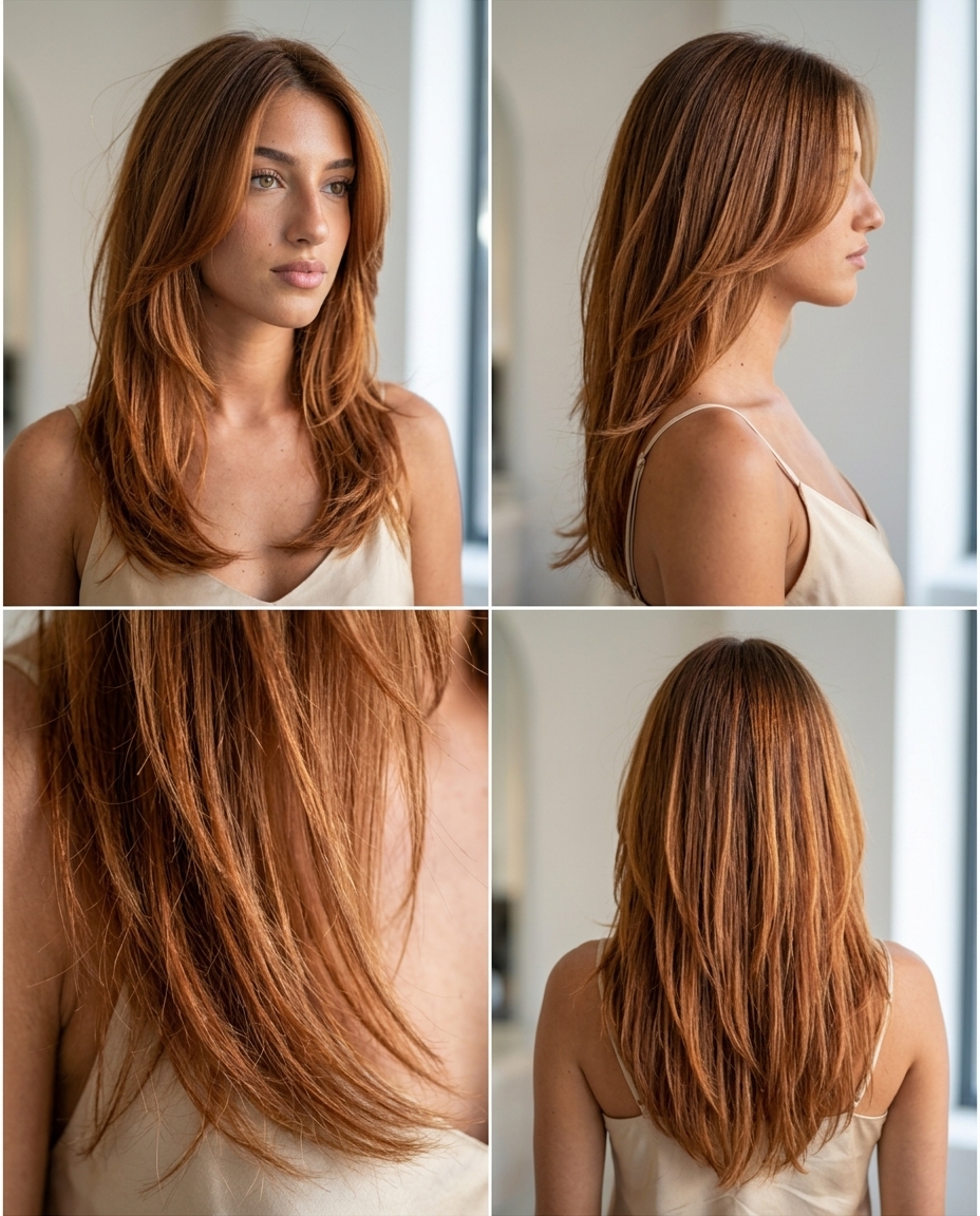 long shag haircut with warm copper balayage, air-touch technique for summer