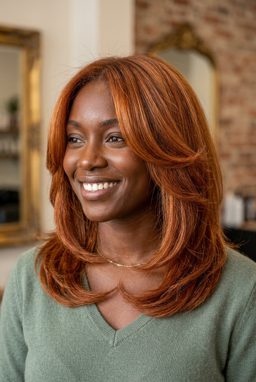 medium butterfly haircut with vibrant nectarine copper and golden highlights, razored ends, bold face-framing layers for festival
