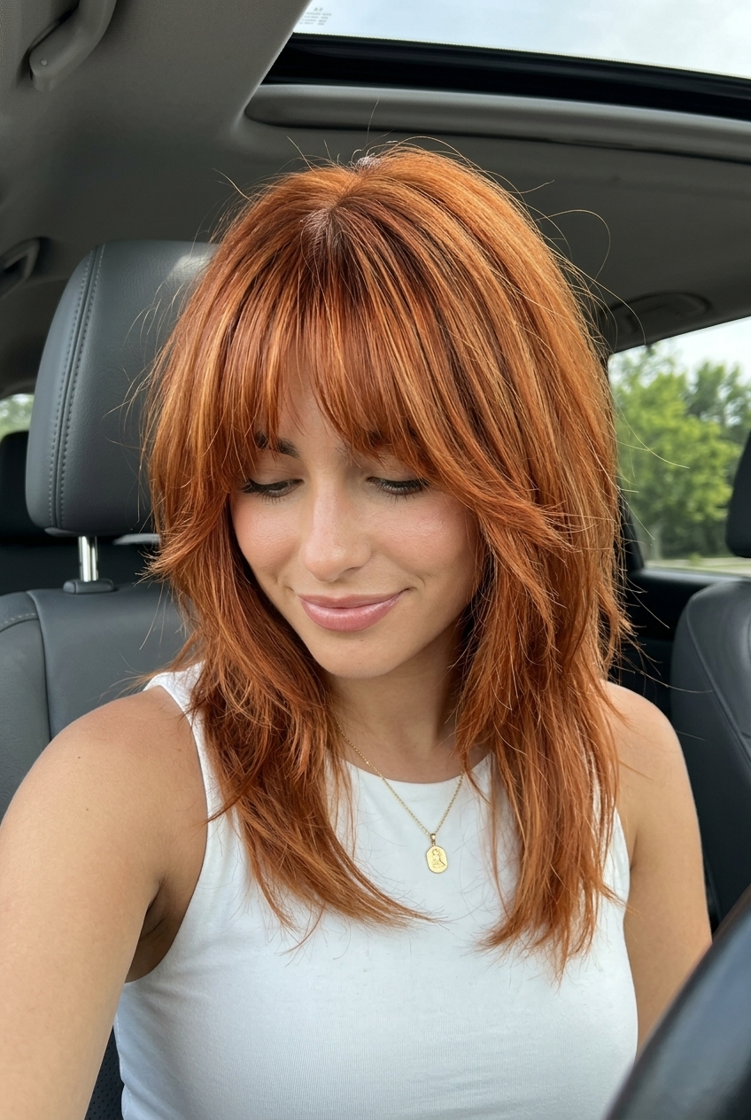 medium-length shaggy wolf cut with vibrant copper and tangerine babylights, razored layers and choppy fringe for festival