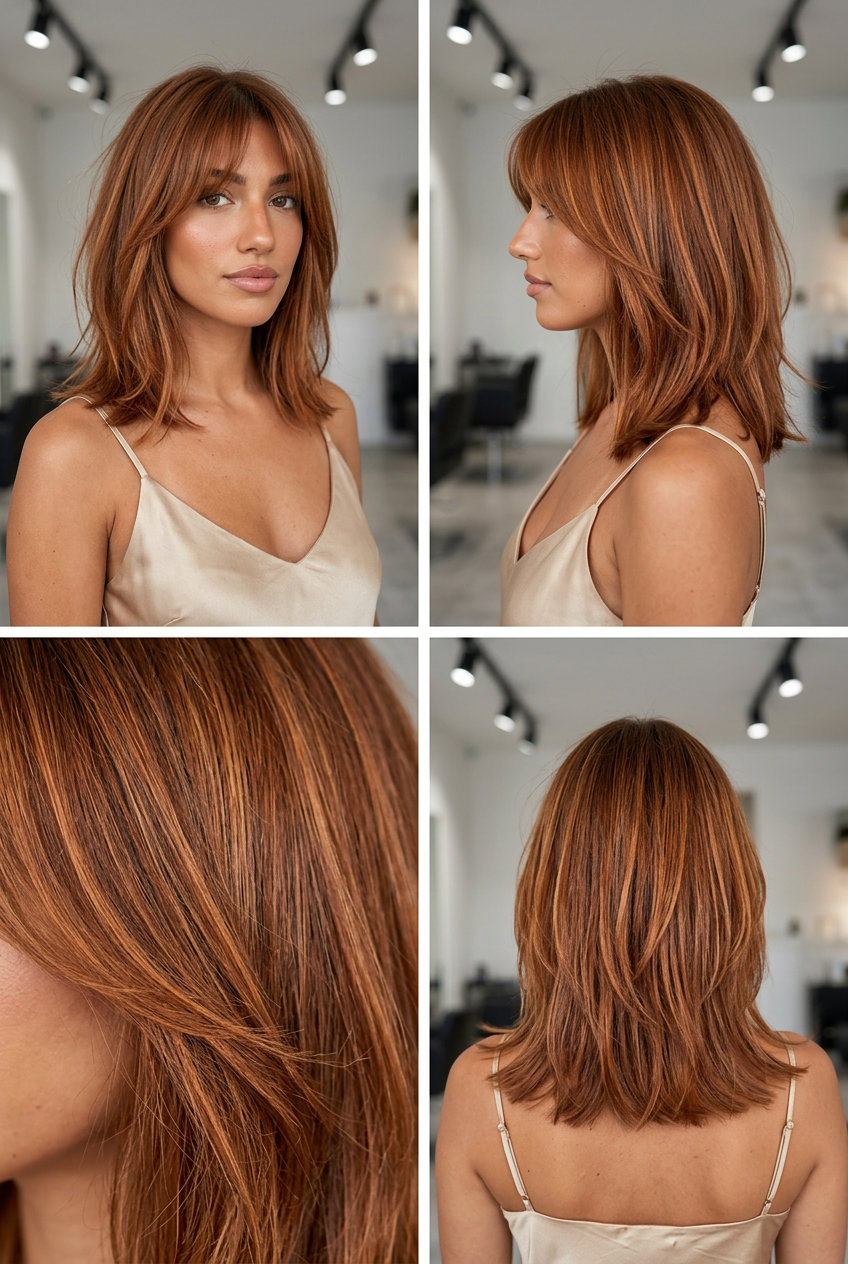 Textured Copper Midi 2026: Vibrant Haircut medium textured midi haircut with cowboy copper, apricot micro-highlights, and curtain fringe — playful concert