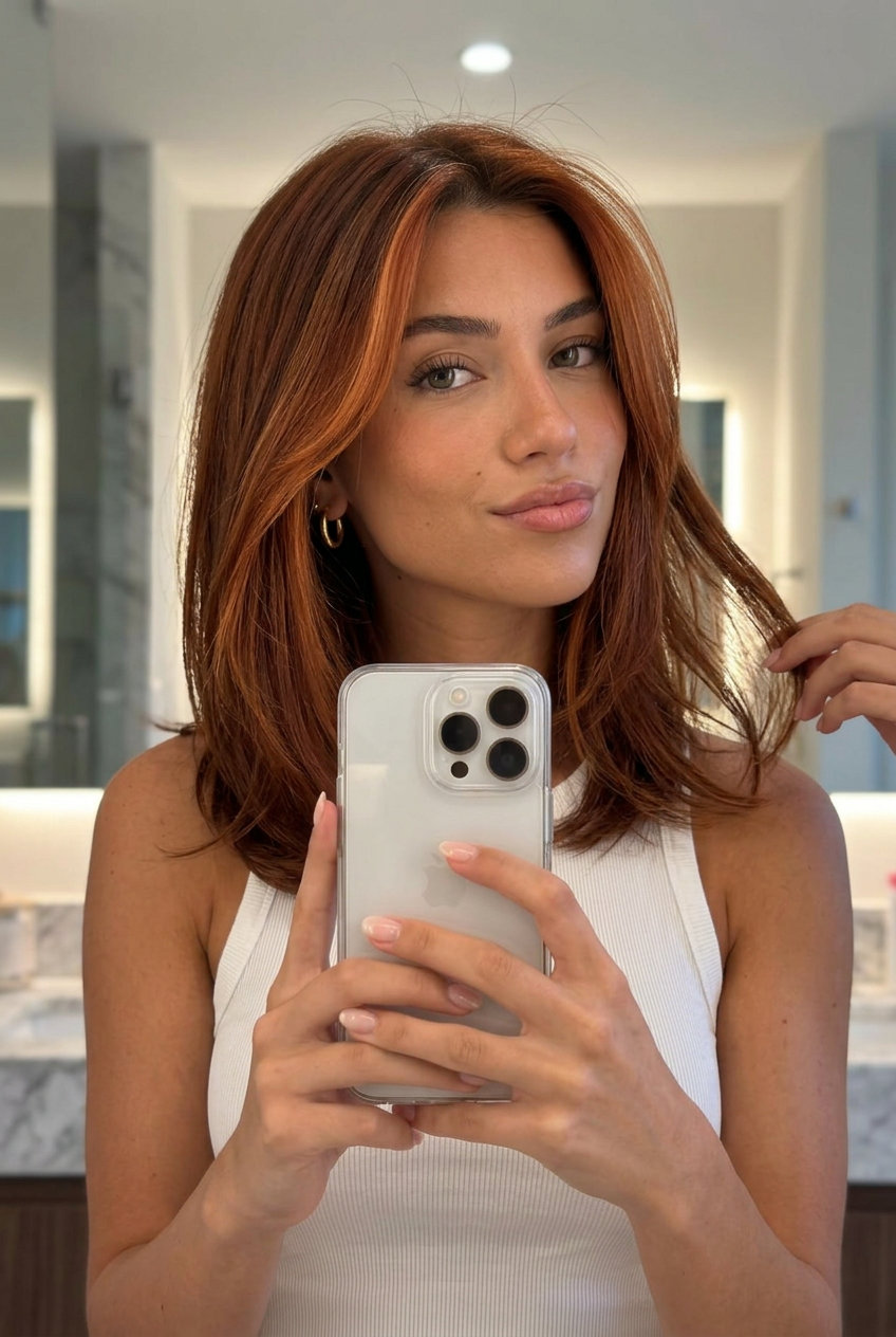 long auburn hair color with copper money piece, vibrant face frame for casual outing