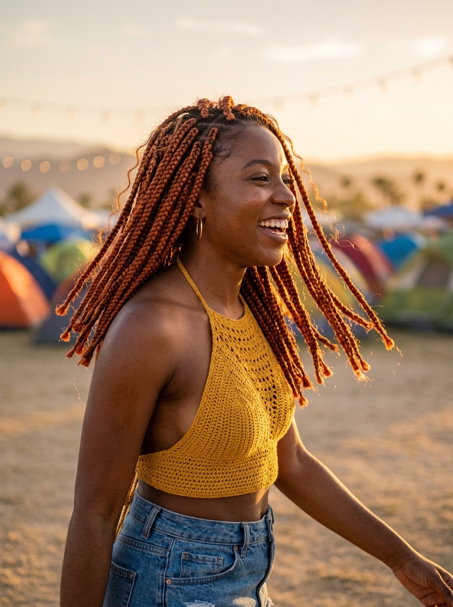 Vibrant Copper Penny Box Braids 2026 collarbone-length copper penny box braids with blunt ends for festival
