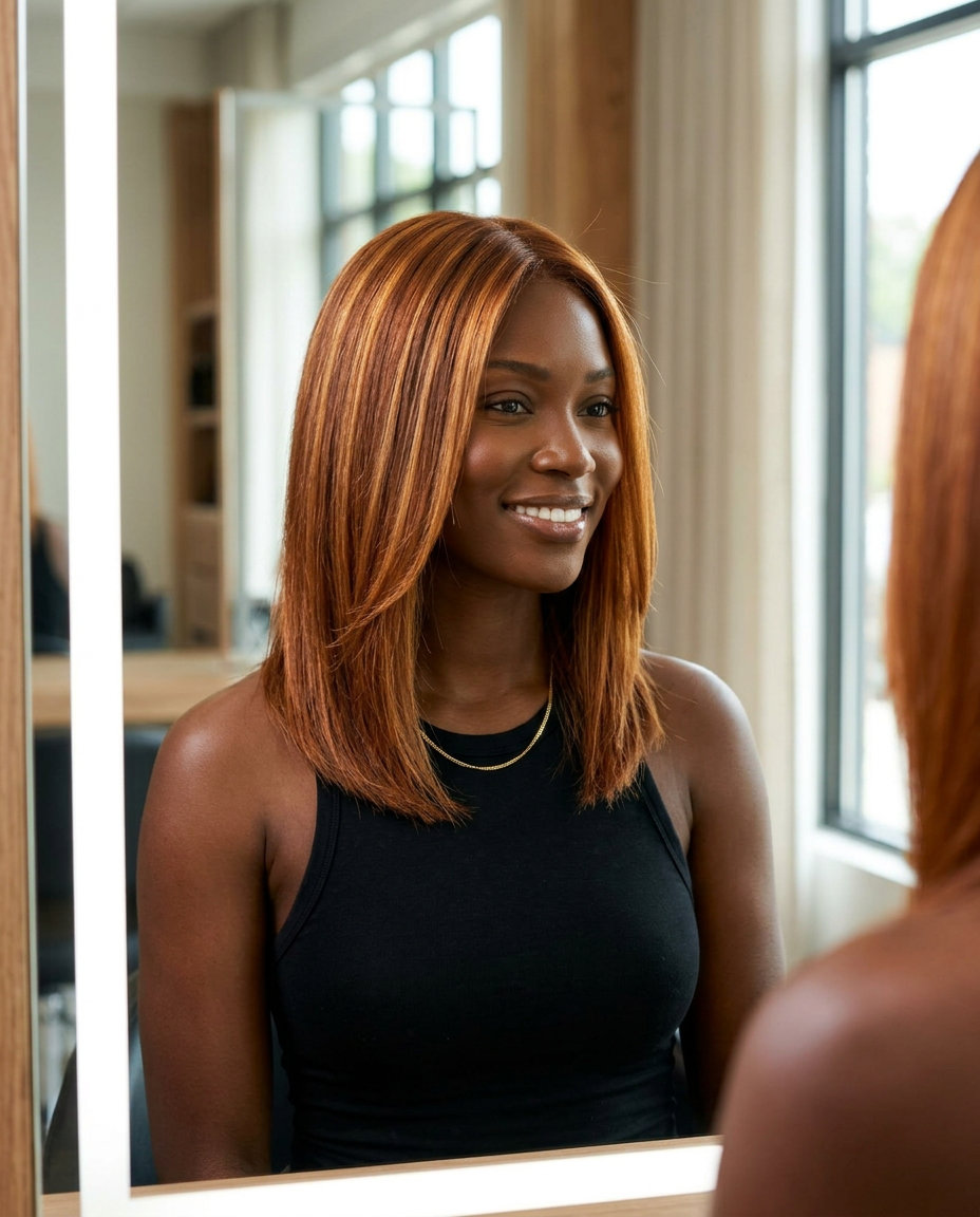 long auburn hair color with copper penny foilayage, bright copper ribbons for festival