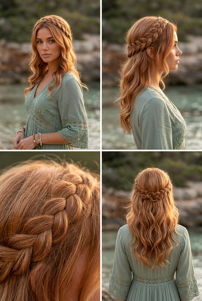 long boho crown braid with warm copper red, strawberry blonde highlights, no fringe — romantic festival