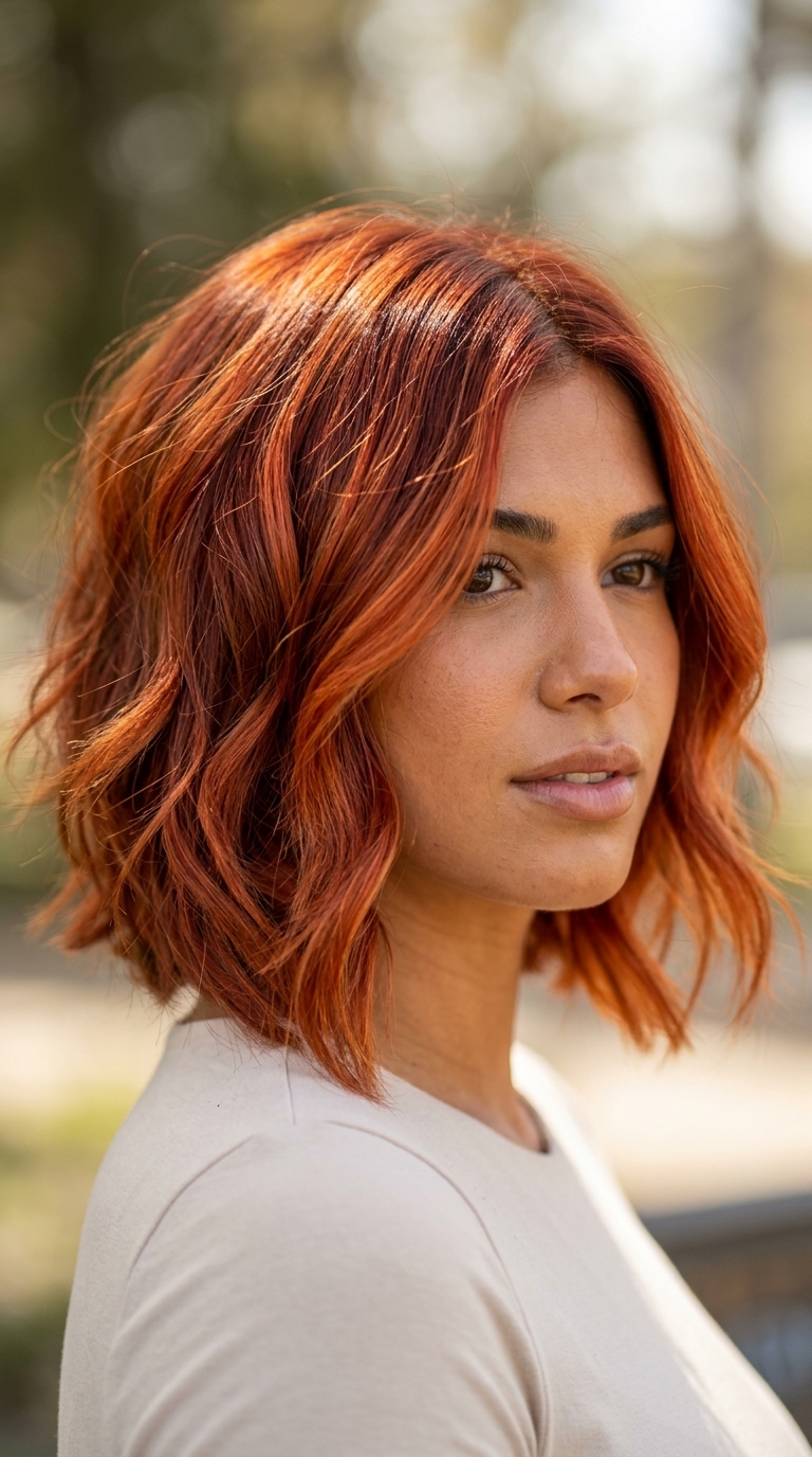 shoulder-grazing copper layered bob with apricot balayage, face-framing layers — bold radiant