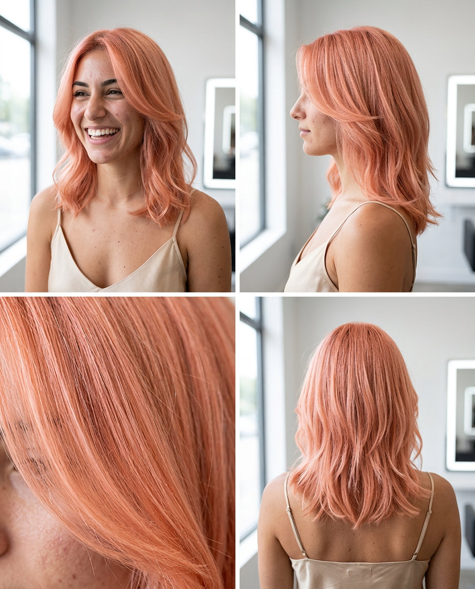 shoulder-length butterfly lob with soft coral peachy-pink fashion color, face-framing layers, U-shaped back for trendy look