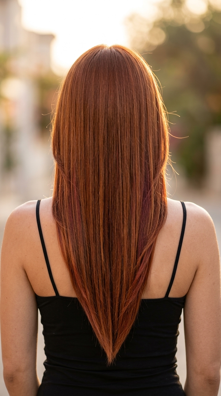 long V-cut haircut with cowboy copper & auburn accents, dramatic V-silhouette for edgy sleekness — evening event