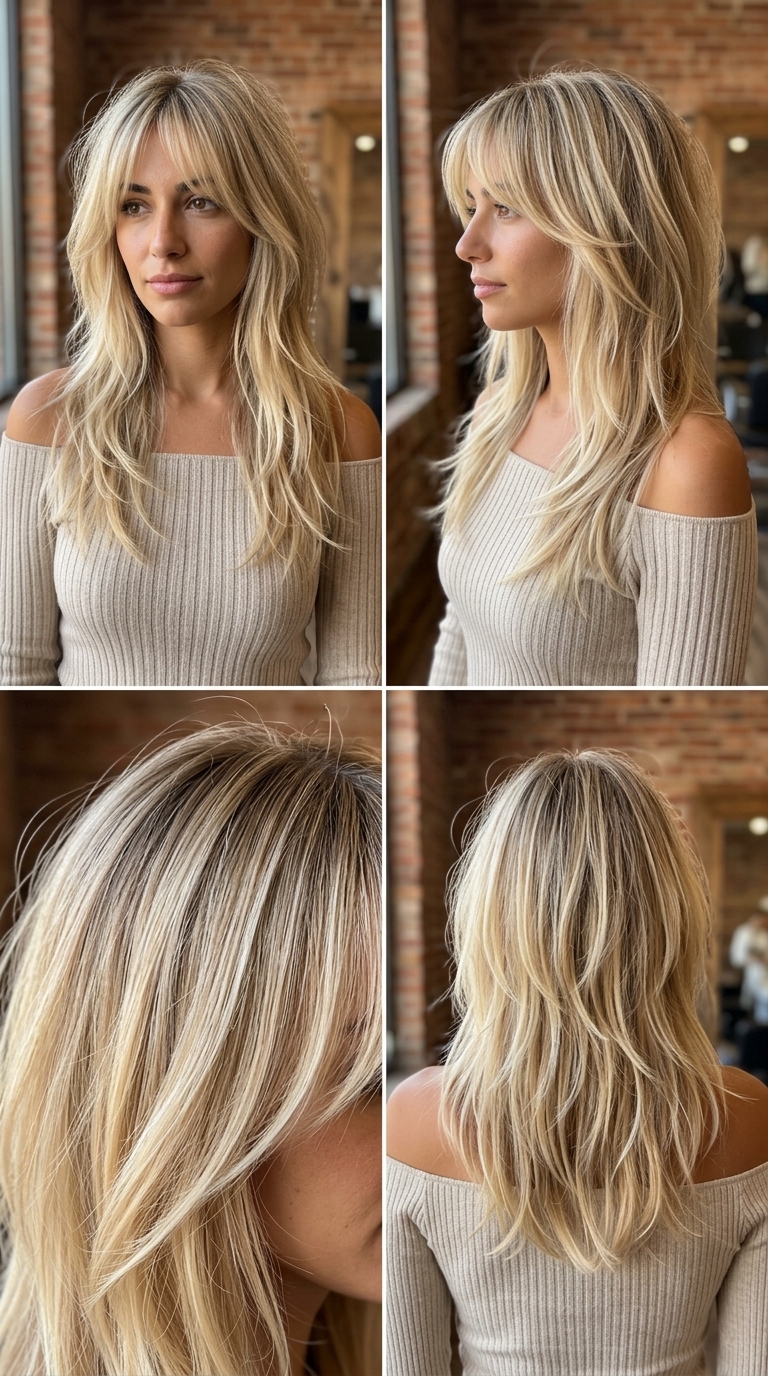 medium-long messy shag haircut with creamy blonde color, point-cut layers, and curtain bangs for summer